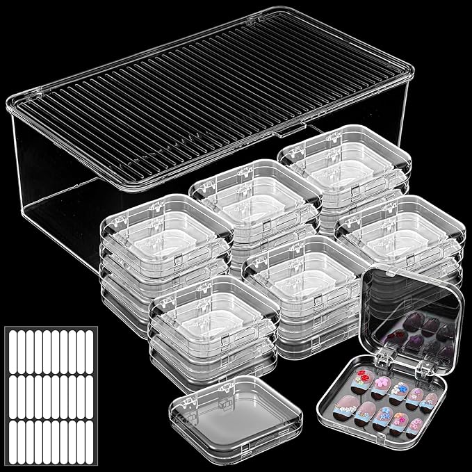 29 PCS Nail Boxes with 4 Pack Tape, Clear Acrylic Nail Display Box for Storage; 1 Large Storage Box with Lid and 24 Art Boxes for Art Home Beauty Salon