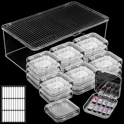 29 PCS Nail Boxes with 4 Pack Tape, Clear Acrylic Nail Display Box for Storage; 1 Large Storage Box with Lid and 24 Art Boxes for Art Home Beauty Salon