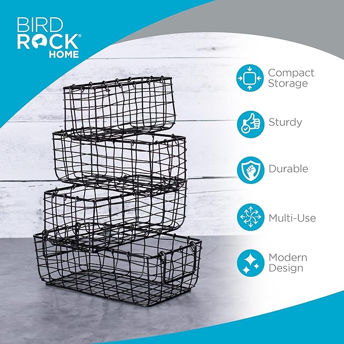 BIRDROCK HOME Wire Storage Basket Set - Iron Baskets for Organizing, Kitchen Pantry Shelves, Rectangle Bins for Bathroom, Closet, Utility, Office, Farmhouse Countertop Organization - Black - 4pc