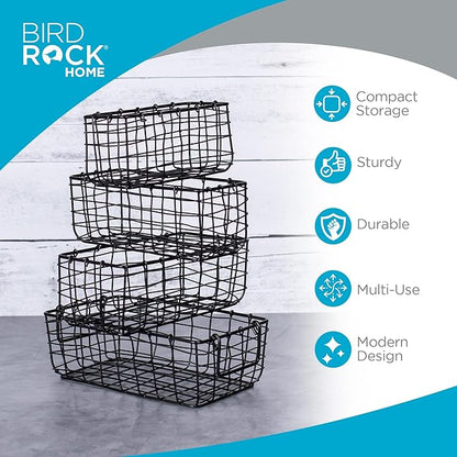 BIRDROCK HOME Wire Storage Basket Set - Iron Baskets for Organizing, Kitchen Pantry Shelves, Rectangle Bins for Bathroom, Closet, Utility, Office, Farmhouse Countertop Organization - Black - 4pc