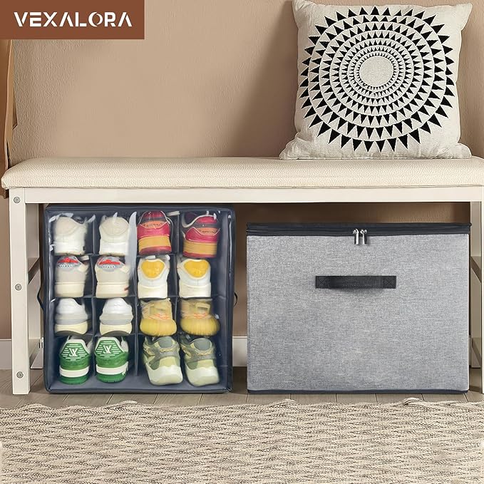 Shoe Organizer for Closet, 3 Pack Shoe Storage Bins with Clear Cover, Adjustable Dividers Fits 24-48 Pairs, Grey
