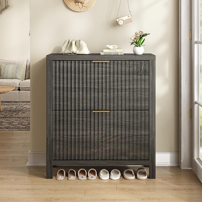 YOMILUVE Shoe Cabinet Storage for Entryway, Fluted Shoe Cabinet with 2 Flip Drawers, Hidden Shoe Rack Tall Freestanding Shoe Organizer with Legs for Hallway, Dark Gray