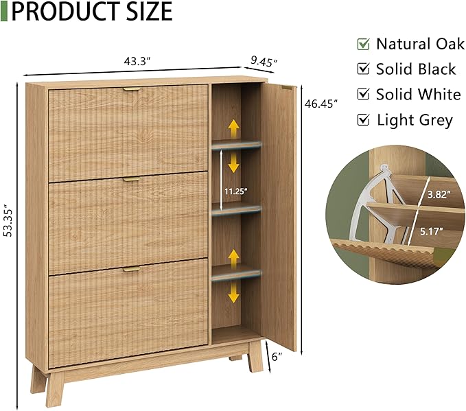 Xixini Shoe Cabinet with 3 Flip Drawers, 54" Tall Narrow Fluted Shoe Storage Organizer for Entryway, Hidden Wooden Shoe Rack with Adjustable Side Cabinet for Front Door Entrance, Hallway, Natural Oak