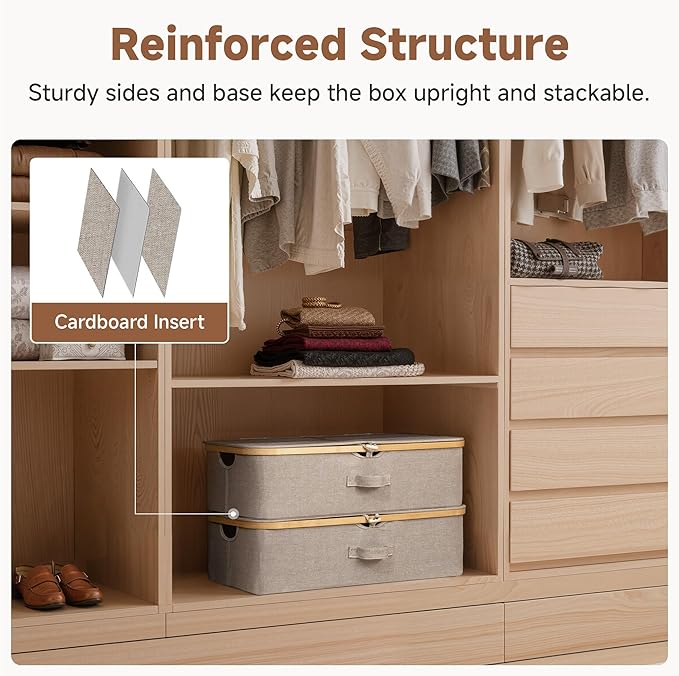StorageWorks Underbed Storage Containers with Lids, 2-Pack 7" Low Profile Under Bed Storage Box with Bamboo Frame for Clothes, Bedding, Blankets and Shoes, 42L Sturdy Fabric Organizer, Taupe
