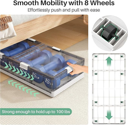 Kitstorack Clear Plastic Under Bed Storage Containers Bins with Lids and 8 Pre-installed Wheels,37.8 Qt, Rolling Foldable Flat Under Bed Organizer Boxes for Clothes Shoes Clothing Bedroom