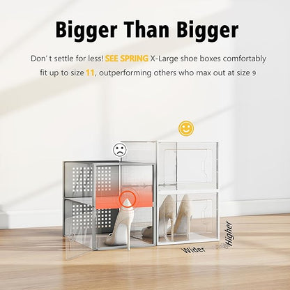 SEE SPRING X-Large Shoe Storage Box Fit Size 11, Clear Plastic Stackable Shoe Organizer for Closet, Space Saving Foldable Shoe Rack Sneaker Container Bin Holder, 12 Pack Clear