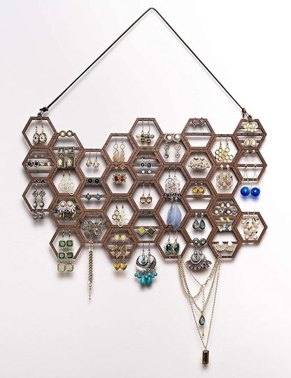 Heesch Honeycomb Earring Organizer Wall Mount Display Wood Hanging Jewelry Organizer for Stud Earrings, Necklaces (Walnut)