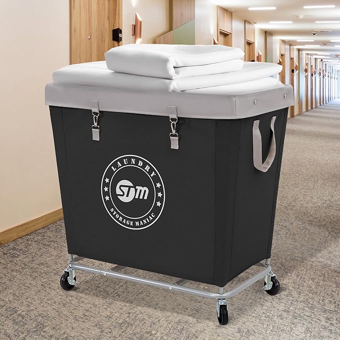 STORAGE MANIAC Commercial Laundry Hamper with Heavy Duty Steel Frame, 320 L Industrial Laundry Basket Cart with Wheels for Hotel, Home, Laundry Room, 31.7''L x 19.3''W x 30.91''H, Large Black
