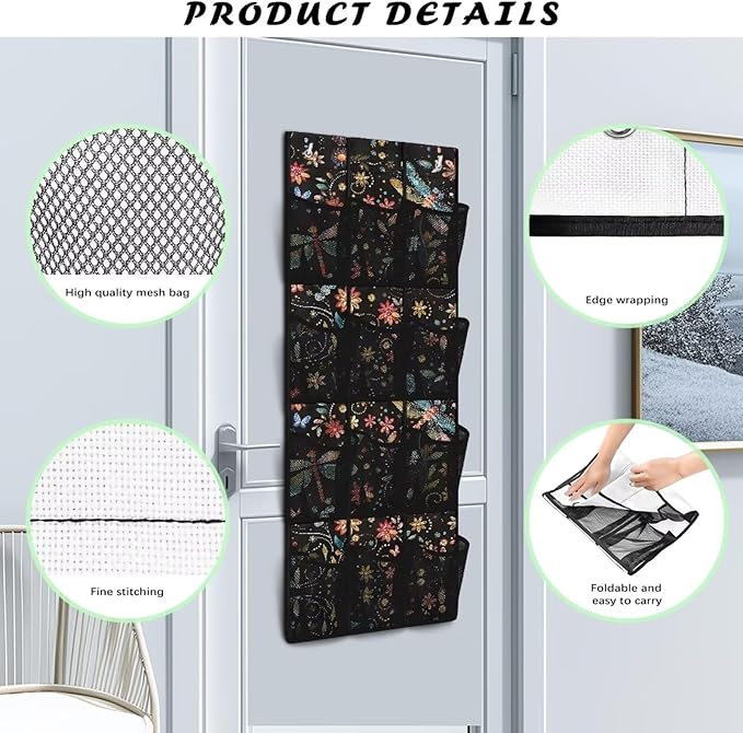 Over The Door Shoe Organizer 12 Large Mesh Pockets Hanging Storage Shoe Rack for Closet Easy to Install Machine Washable,Dragonfly