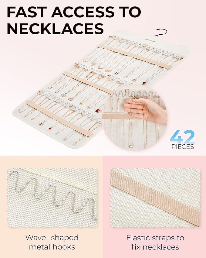BAGSMART Hanging Jewelry Organizer Storage with Hanger Metal Hooks Double-Sided Jewelry Holder for Earrings, Necklaces, Rings on Closet, Wall, Door, 1 piece Large Beige