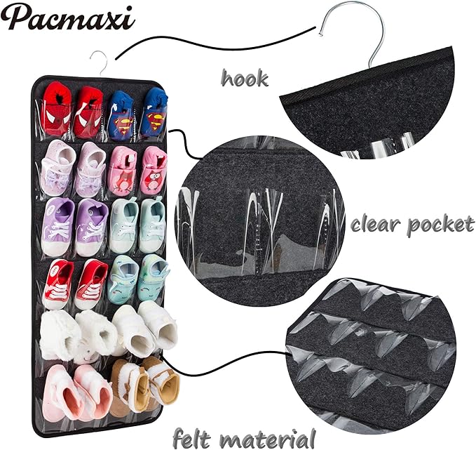 PACMAXI Over The Door Shoes Organizer for 12 Pairs of Baby Shoes Boys Girl, Hanging Baby Sole Shoe Organizer with Hanger(Felt Material-Black)
