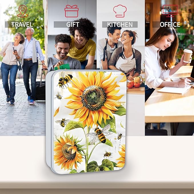 Metal Tin Box Sturdy Metal Storage Box with Lid, Large Container Holder for TCG Cards,Car Keys,Cookies,Tin Containers for Gift,5.0x3.7x1.6 Inch,Exquisite Pattern Design(Bee Sunflowers)