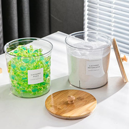 Laundry Room Organization Container, 2pcs Round Acrylic Laundry Pod Storage Containers, Dryer Sheet Holder Jars with Bamboo Lids and Labels for Scent Booster Powder Detergent Pods Storage