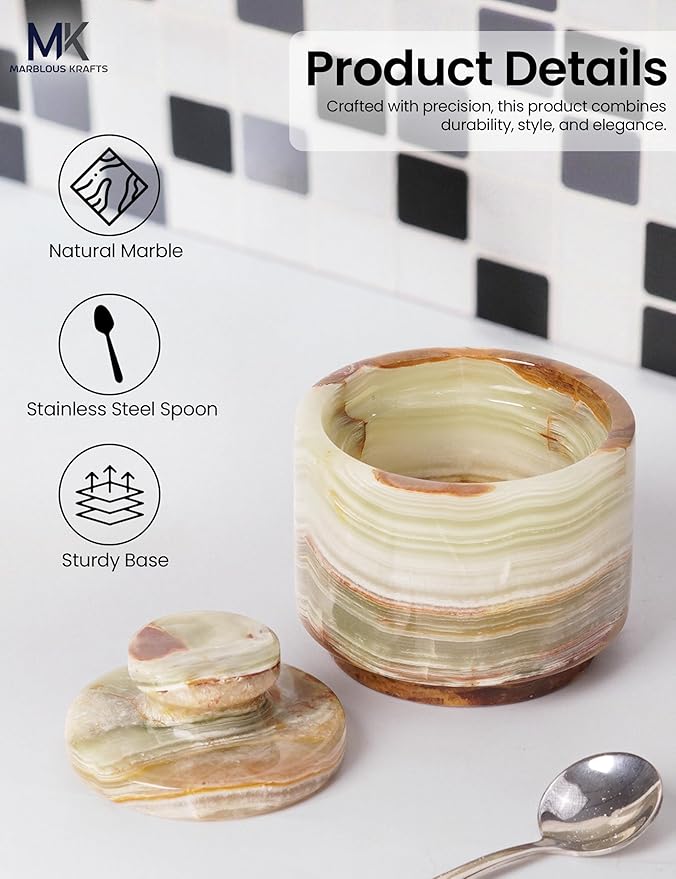 MARBLOUS KRAFTS Marble Salt Cellar with Lid and Spoon 3" Inch Green Stone Salt Dish for Kitchen Countertop Storage, Small Set of 2 Seasoning Containers, Spice Jars, Sugar Bowl, Gift for Mom