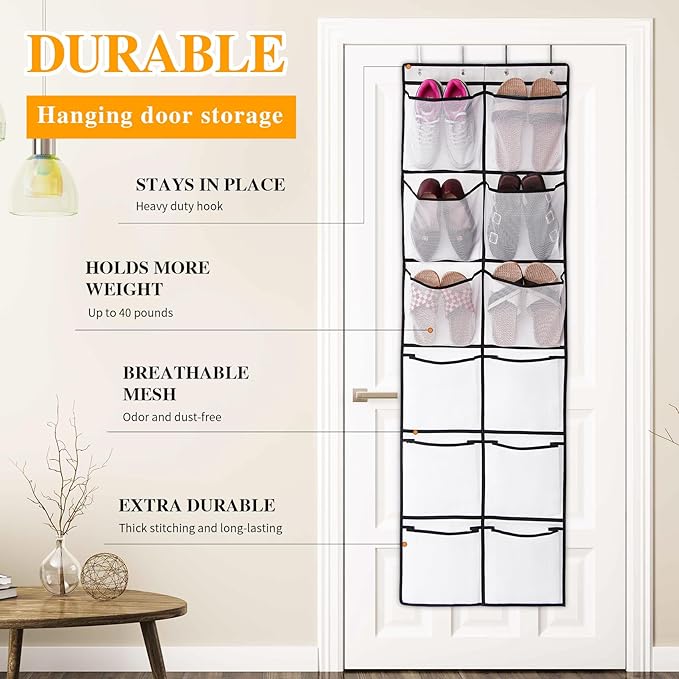 GOMAJI 12 Large Breathable Mesh Pockets, Over The Door Shoe Organizer, Boots Hanging Storage Shoe Rack for Closet, Accessories - - White
