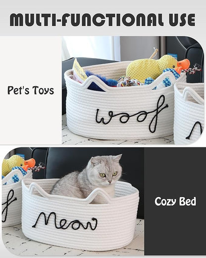 Sea Team Dog Toy Basket with Handles, 16.5 x 11 x 7 Inches, 4.4 Gallons Large Cotton Rope Storage Bin, Box, Shelf Organizer for Pet Chew Toys, Foods, White Woof