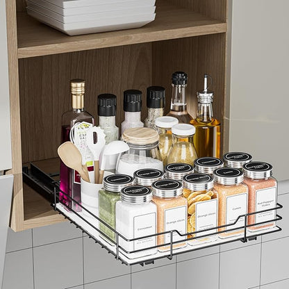 BOIVSHI Pull Out Spice Rack, Slide Out Spice Rack for Cabinet, Spice Organizer for Kitchen and Pantry, Fits Spices, Sauces, Canned Food (10.5''Wx10.5''Dx2.5''H)