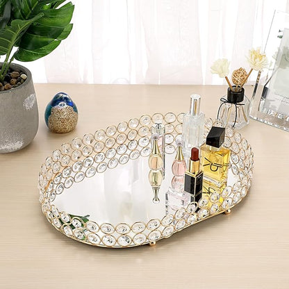 Hipiwe Crystal Vanity Tray Mirrored Dresser Perfume Trays for Makeup Tray Cosmetic Skin Care Storage, Jewelry Trinket Organizer Tray for Bathroom Countertop Home Decor (Large, Gold)
