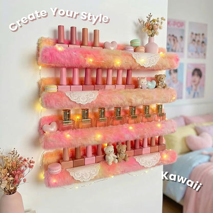 Fuzzy Orange Nail Polish Rack Wall Mounted Makeup Organizer, Soft Plush Decorative Floating Shelf for Lipstick, Skincare, Collectibles, Playful Room Decor for Girls, Vanity Storage for Bedroom Salon