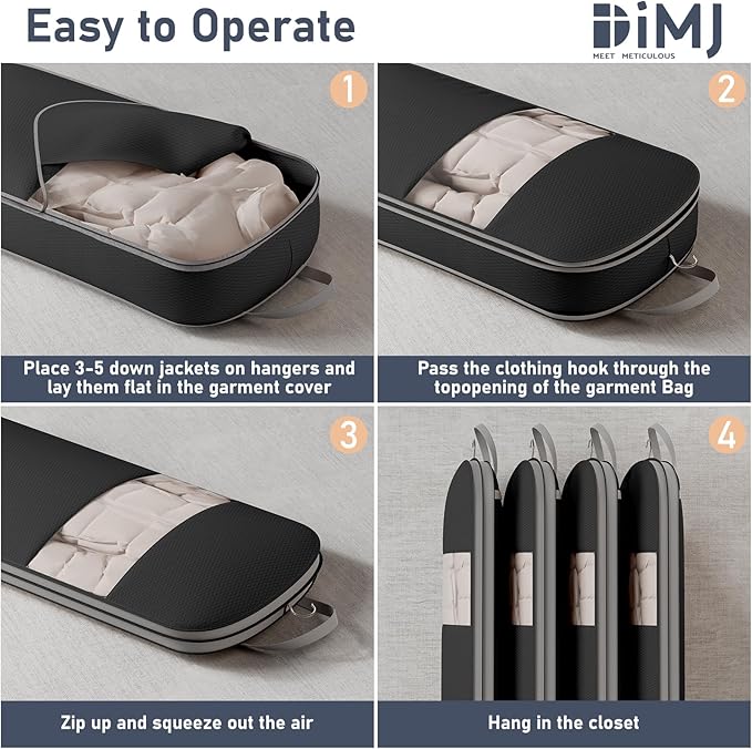 DIMJ 4 Pack 43" Space Saving Garment Bags for Hanging Clothes With Compression Zipper Carry Handles and Window, Washable Suit Bag for Dress, Clothes, Coats, Down Jacket, Closet, Moving, Travel