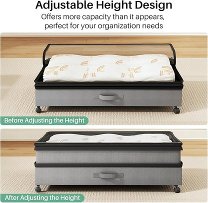 Kitstorack 4 Pack Height-adjustable Under Bed Storage with Wheels, Under Bed Storage Containers,Under Bed Shoe Storage Organizer with Clear Window&Label, Suitable for Clothes Storage, Gray
