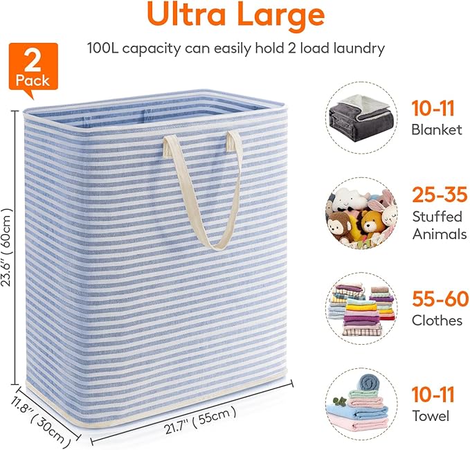 Lifewit 2 Pack Laundry Basket 100L Each, Collapsible Clothes Hamper with Reinforced Handles, Freestanding Waterproof Design for Bedroom and Laundry Room, Grey&Blue 200L Total