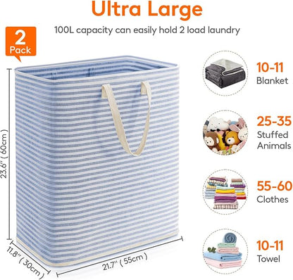 Lifewit 2 Pack Laundry Basket 100L Each, Collapsible Clothes Hamper with Reinforced Handles, Freestanding Waterproof Design for Bedroom and Laundry Room, Grey&Blue 200L Total
