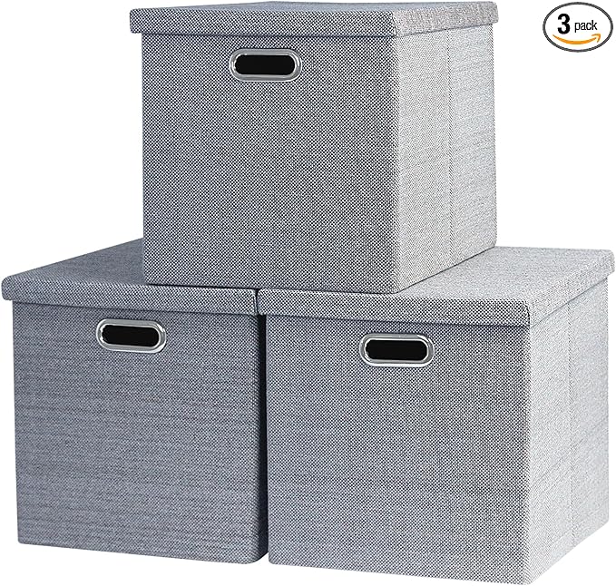 Storage Bins with Lids,13 x 13 Inch Foldable Fabric Cube Baskets Boxes Organizer for Closet, Shelves, and Home. (Gray, (13x13) 3 pack)