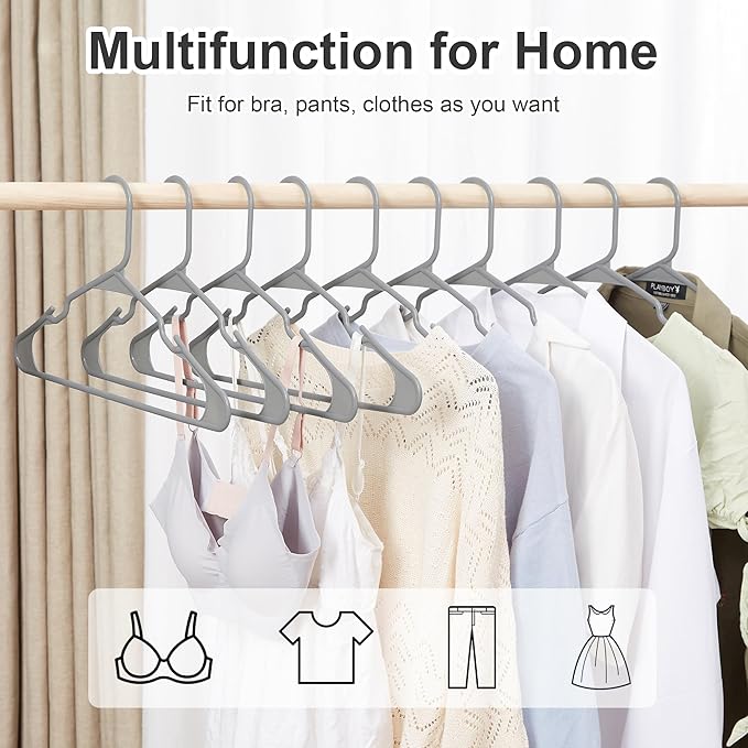 VECELO 25 Pack Plastic Hangers-Clothes Hangers Set with Shoulder Non Slip Notches for Closet Space Saving-Heavy Duty Coat Hanger,Gray