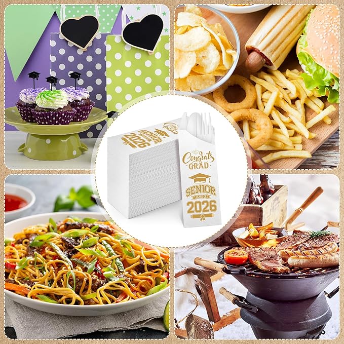 Funnymoom 400 Pcs 2026 Graduation Wrapped Silverware Bags Holder - Disposable Dinnerware Set Includes Plastic Spoons Knives and Forks, Class of 2026 Parties School Congrats Supplies(White and Gold)