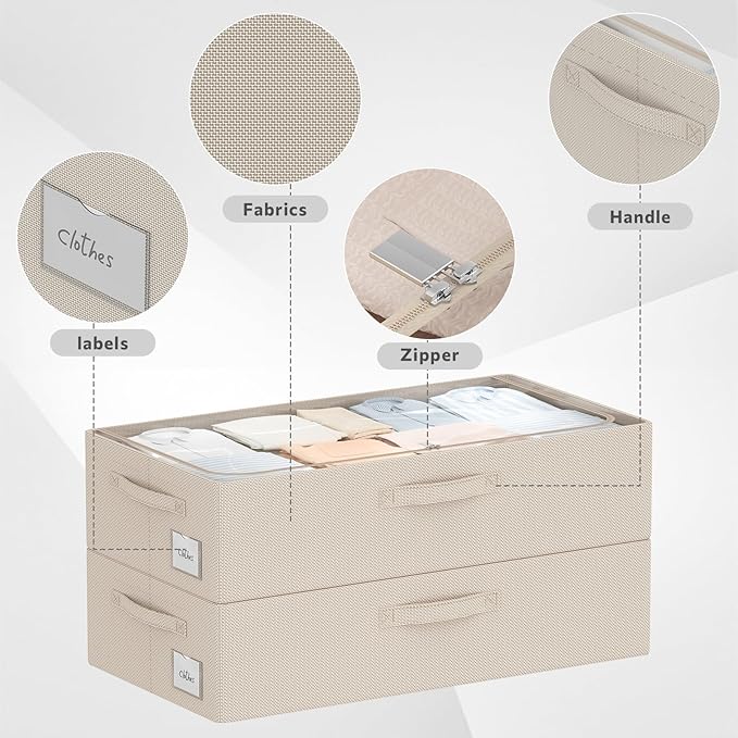 CYhom 3Pcs Under Bed Storage Bins with Metal Frame - Shoe Organizer for Closet with Clear Cover Oxford Fabric Sturdy Underbed Container Foldable Stackable Clothes Organizer (Beige, 23.5x11.8x6.3)
