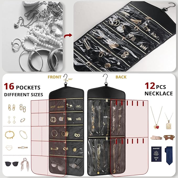 CHICECO Travel Jewelry Holder Organizer,Hanging Jewelry Organizer Storage With Zippered Pockets for Cloest,Wall,Door,Jewelry Holder for Earrings, Necklaces（Upgrade Black）