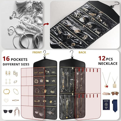 CHICECO Travel Jewelry Holder Organizer,Hanging Jewelry Organizer Storage With Zippered Pockets for Cloest,Wall,Door,Jewelry Holder for Earrings, Necklaces（Upgrade Black）