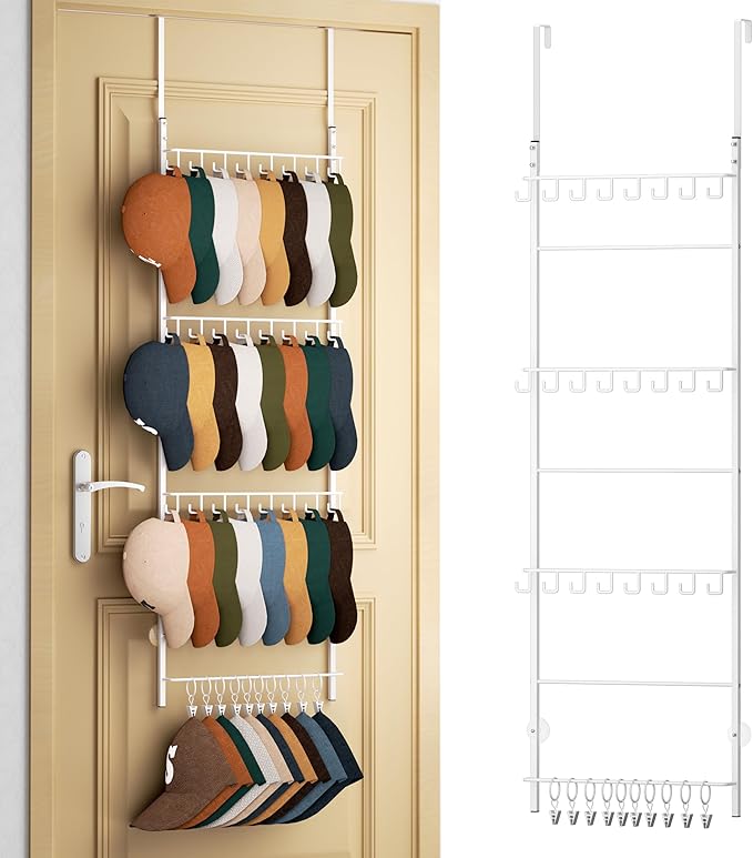 HapiRm Over Door Hat Organizer - 4 Tier Wall Mounted Hat Rack with 24 Hooks and 10 Movable Clips, Hanging Baseball Cap Organizer Storage Holds to 34 Caps for Door, Bedroom, Closet(White)
