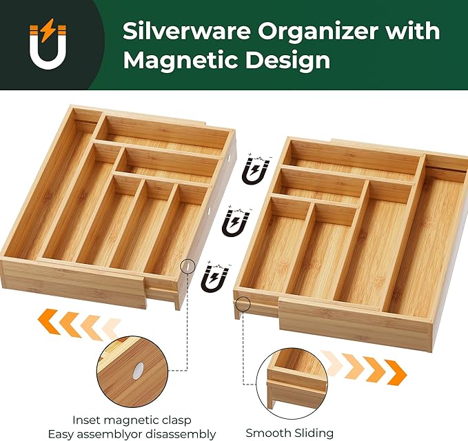 Large Silverware Organizer, 13 Slots Magnetic Connected Expandable Bamboo Utensil Drawer Organizer From 21 to 37.4 Inches, Adjustable Flatware and Cutlery Holder, Utensil Tray for Kitchen Natural