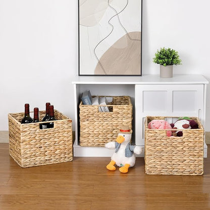 12X12X10in Water Hyacinth Storage Baskets, Wicker Storage Cubes Set of 3, Kitchen Baskets for Pantry Organization, Foldable Square Baskets for Shelves