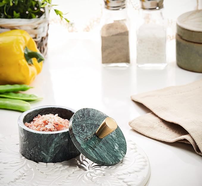 Queenza Green Marble Salt Cellar with Lid & Brass Knob - Natural Marble Spice Container for Kitchen Countertop, Gourmet Salt Holder, Small Decorative Storage Box, Gift for Home Chef