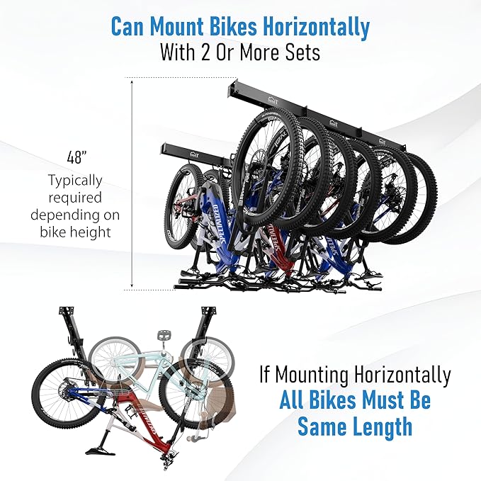 USA Based Ceiling Bike Rack Garage Storage Mount, Bicycle Hanger For Up To 6 Bikes, Sliding 51" Heavy Duty Hook Racks With Padded Hanging Mounts, Hooks Hangers (Black, 1 Rail - 2 Hooks)
