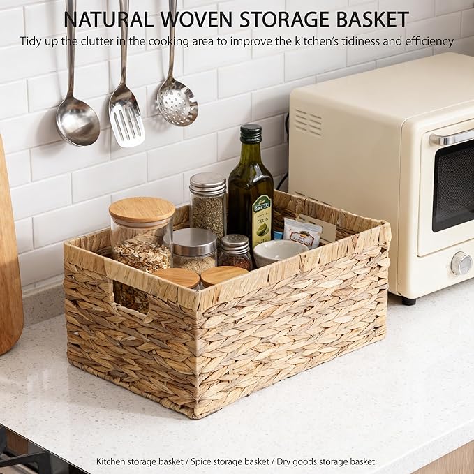 Woven Natural Water hyacinth Rectangular Storage Baskets with inside Handle,Kingwillow(Large)