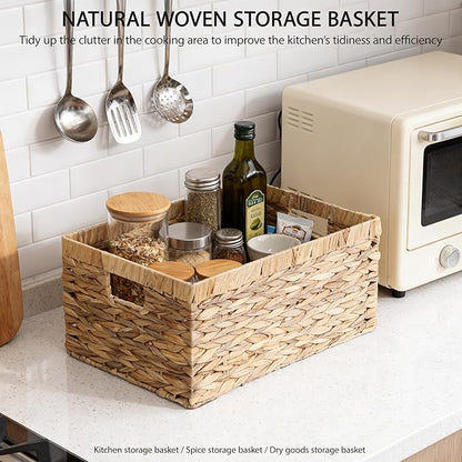 Woven Natural Water hyacinth Rectangular Storage Baskets with inside Handle,Kingwillow(Large)