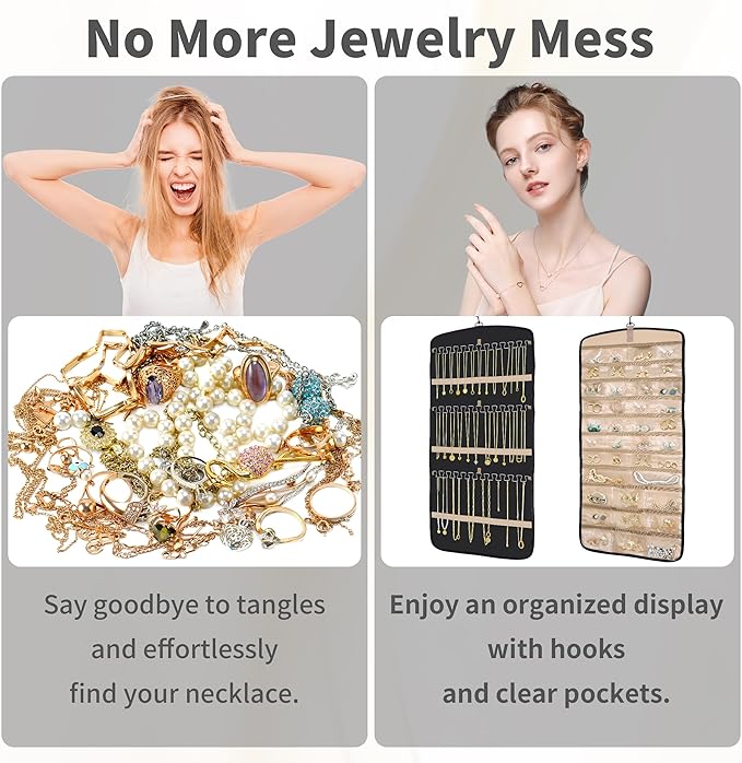 Hanging Jewelry Organizer for Closet, Double-Sided Jewelry Storage for Earrings, Necklaces, Rings on Wall/Door, Earring Holder Organizer Wall with Hooks, Includes 10 Sealed Bags, Water- & Dustproof