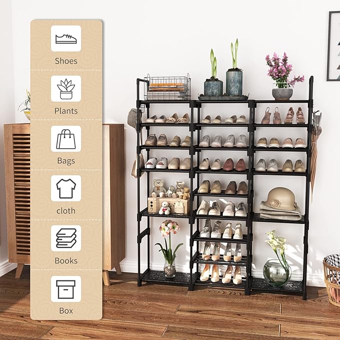 Tall Shoe Rack Organizer 9 Tiers 50-55 Pairs Large Shoe Rack for Closet Entryway Garage Big Shoe Storage with Side Hooks Black Metal Free Standing Shoe Racks Sturdy Shoe Shelf Tower