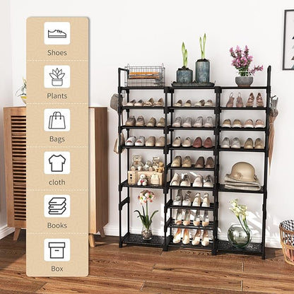 Tall Shoe Rack Organizer 9 Tiers 50-55 Pairs Large Shoe Rack for Closet Entryway Garage Big Shoe Storage with Side Hooks Black Metal Free Standing Shoe Racks Sturdy Shoe Shelf Tower