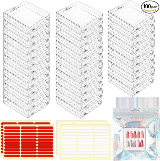 50 Pcs Press on Nail Storage Box, Clear Nail Display Case with 120 Pcs Adhesive Double Sided Tape and 50 Pcs Nails Packaging Bag, Press on Nail Case for Nails Salon, Storage, Display