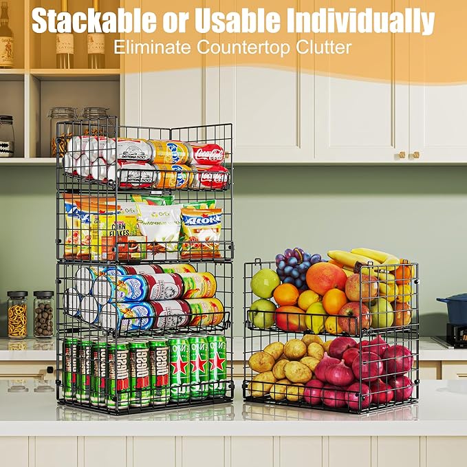 JKsmart 6-Tier Stackable Wire Basket, Can Organizer for Pantry Kitchen, XXL Metal Storage Shelves with Dividers & Handles, Easy Assembly Space Saving Storage Bins for Snacks Fruits Veggies