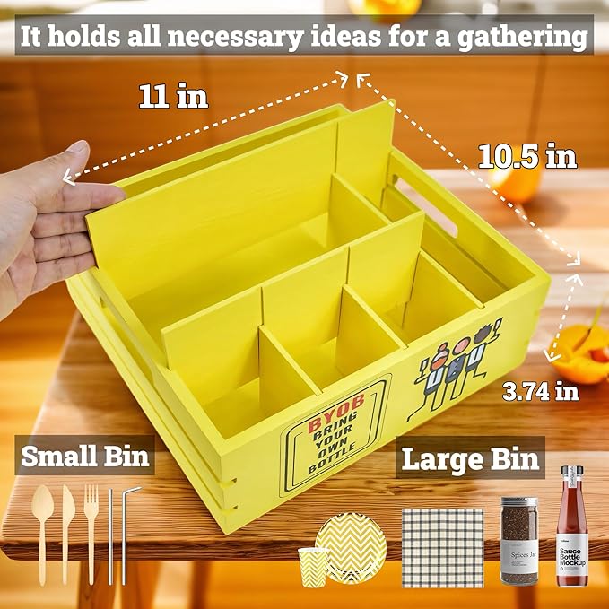 Utensil Holder for Party Farmhouse Crate Look - Yellow Napkin Paper Plate Dispenser for Countertop - Silverware Caddy for Plate, Cup, Fork, Spoon - Flatware Box Organizer for Outdoor Camping Picnic