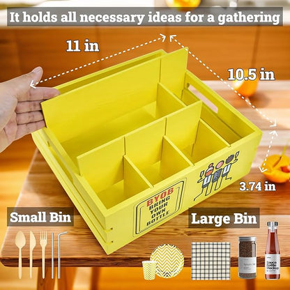Utensil Holder for Party Farmhouse Crate Look - Yellow Napkin Paper Plate Dispenser for Countertop - Silverware Caddy for Plate, Cup, Fork, Spoon - Flatware Box Organizer for Outdoor Camping Picnic