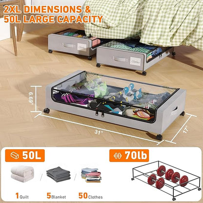 Under Bed Storage with Wheels, 4 Pack Under Bed Storage Containers with Dividers & Clear Lids, XXL 65L Under the bed storage Organizer Bins, Underbed Storage with Wheels for Clothes,Shoes,Toys - Gray