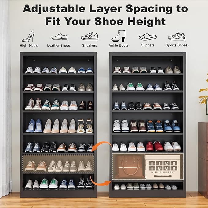 OSEILLC 7-Tier Heavy Duty Storage Shoe Rack,Large Sturdy Shoe Cabinet,Adjustable Shelving Unit with Back Panel for Home, Office & Garage Use - 55" Tall Metal Organizer (Black, 7 Tier-55 H*27.6W)