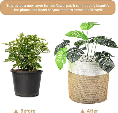 GLEAVI 2 Pack Woven Plant Baskets Indoor for 7 Inch Pots, Cotton Rope Planter Basket Set with Dual Tone Design, 7.9" Decorative Storage Bin Cover for Home Decor Organization